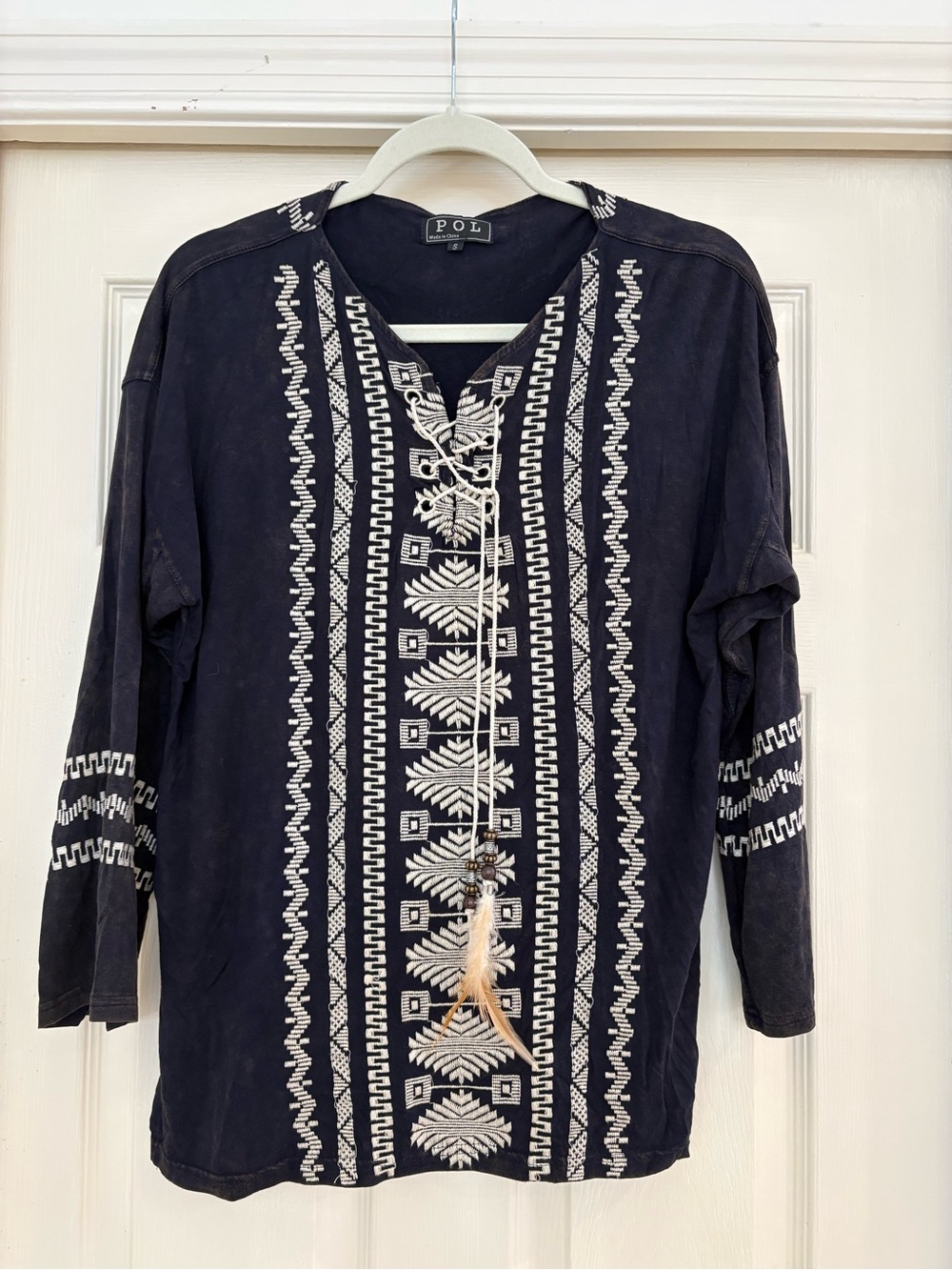 POL Navy Tunic Top with White Geometric Embroidery